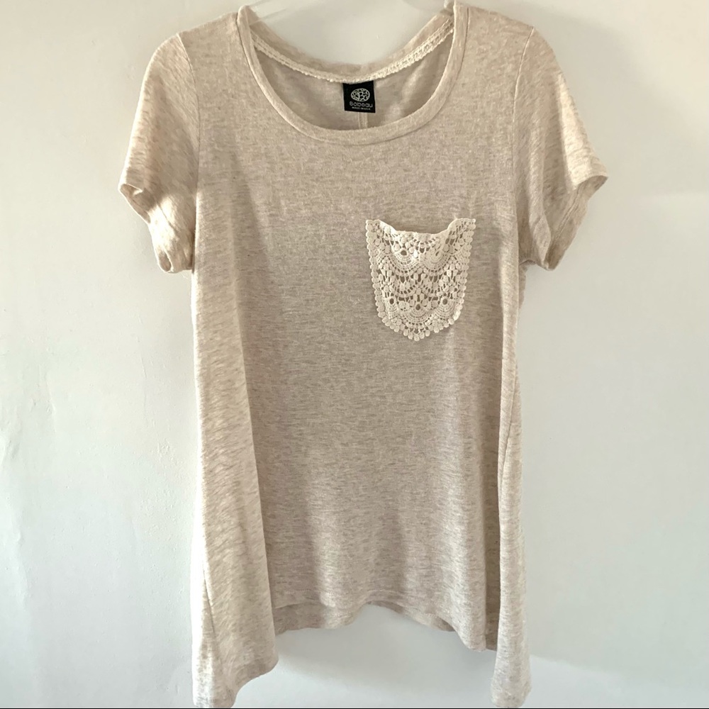 Bobeau Asymmetrical Scoop Neck Short Sleeve Tan Top Sz L